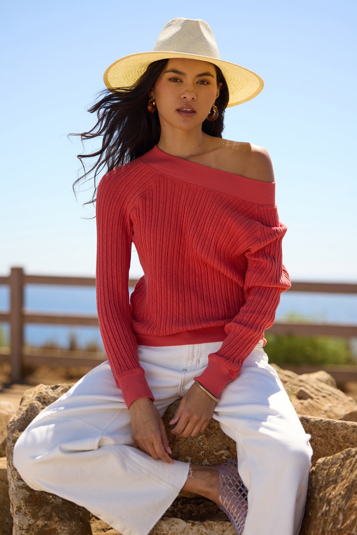 CAROL OFF SHOULDER VARIEGATED STRIPE PULLOVER