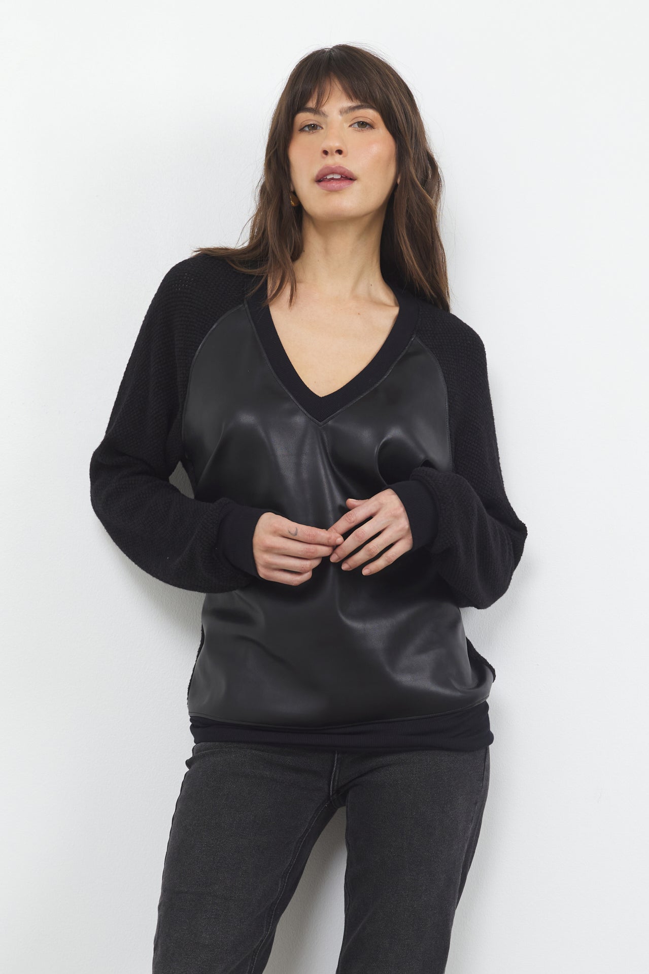 ELOISE V NECK VEGAN LEATHER TOP
