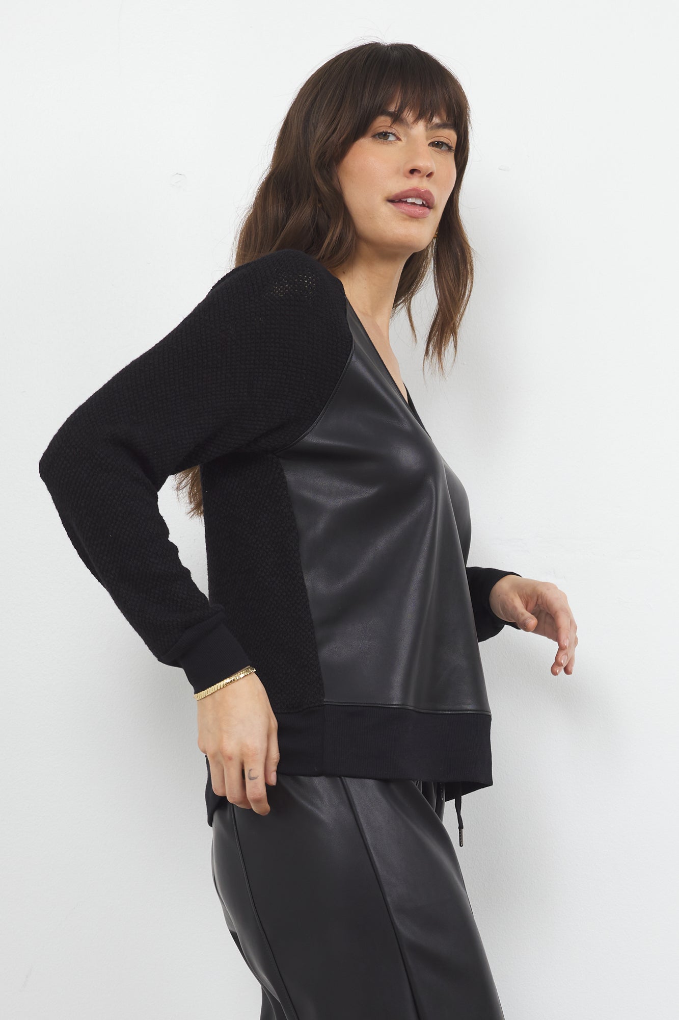 ELOISE V NECK VEGAN LEATHER TOP