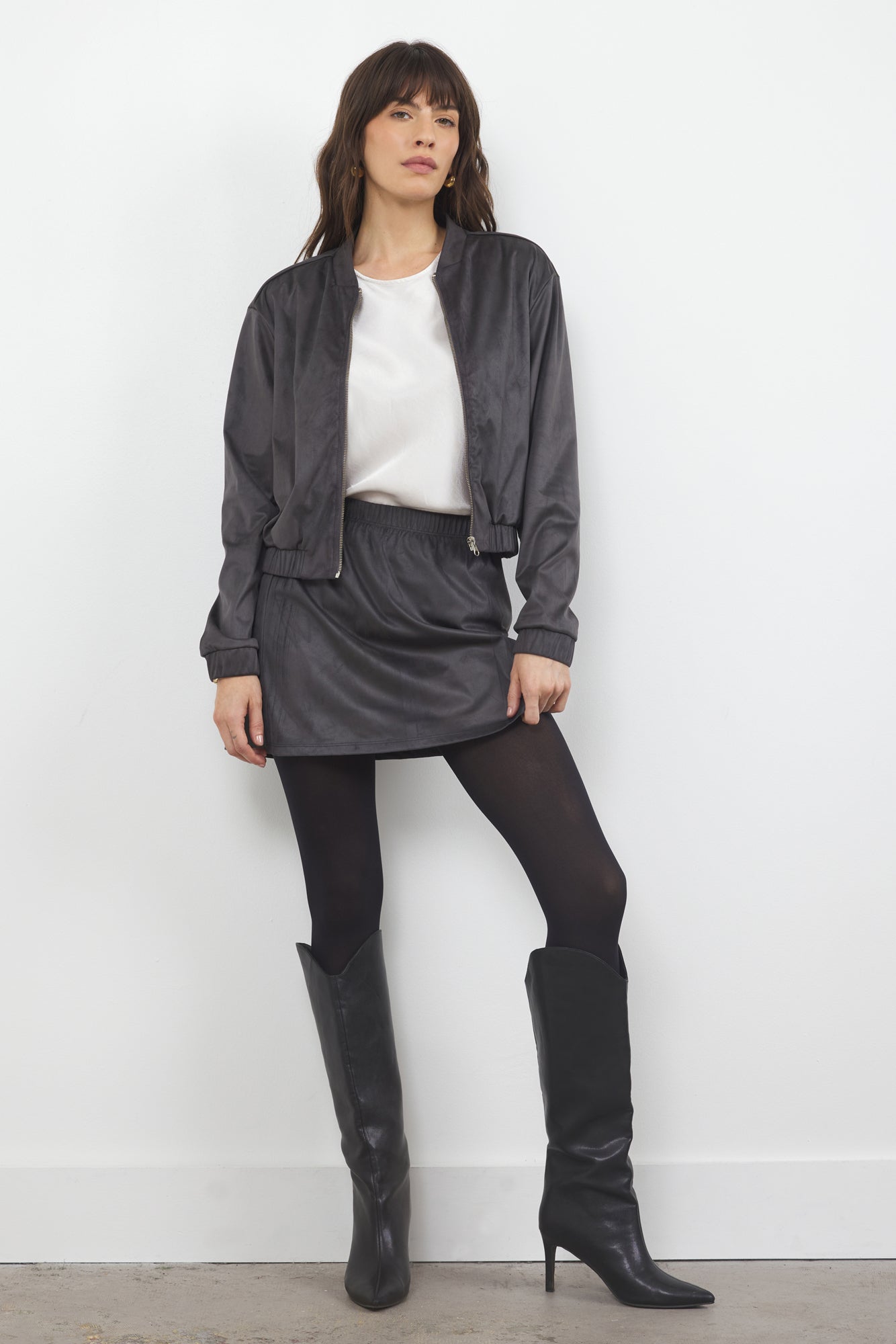 THE EIGHTIES VEGAN SUEDE BOMBER JACKET