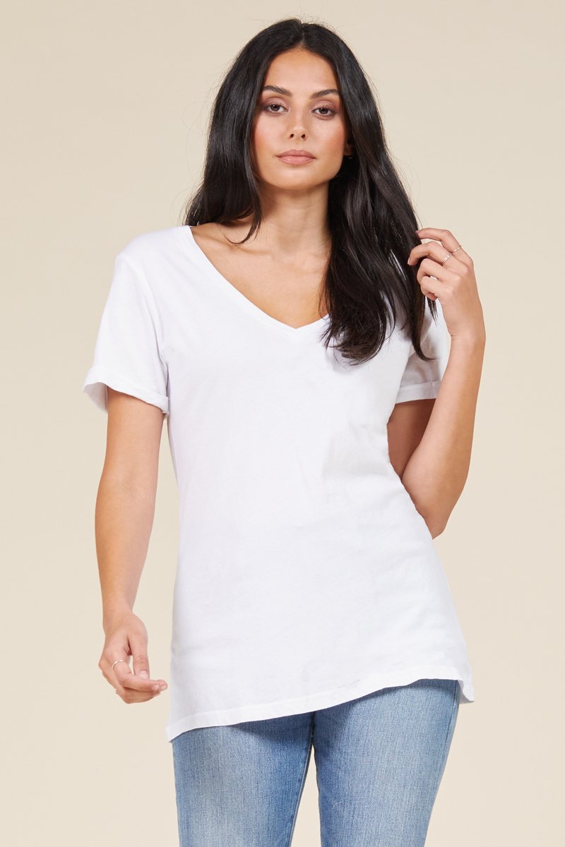 white v neck with long hem