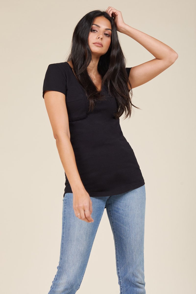 black v neck pocket tee for women