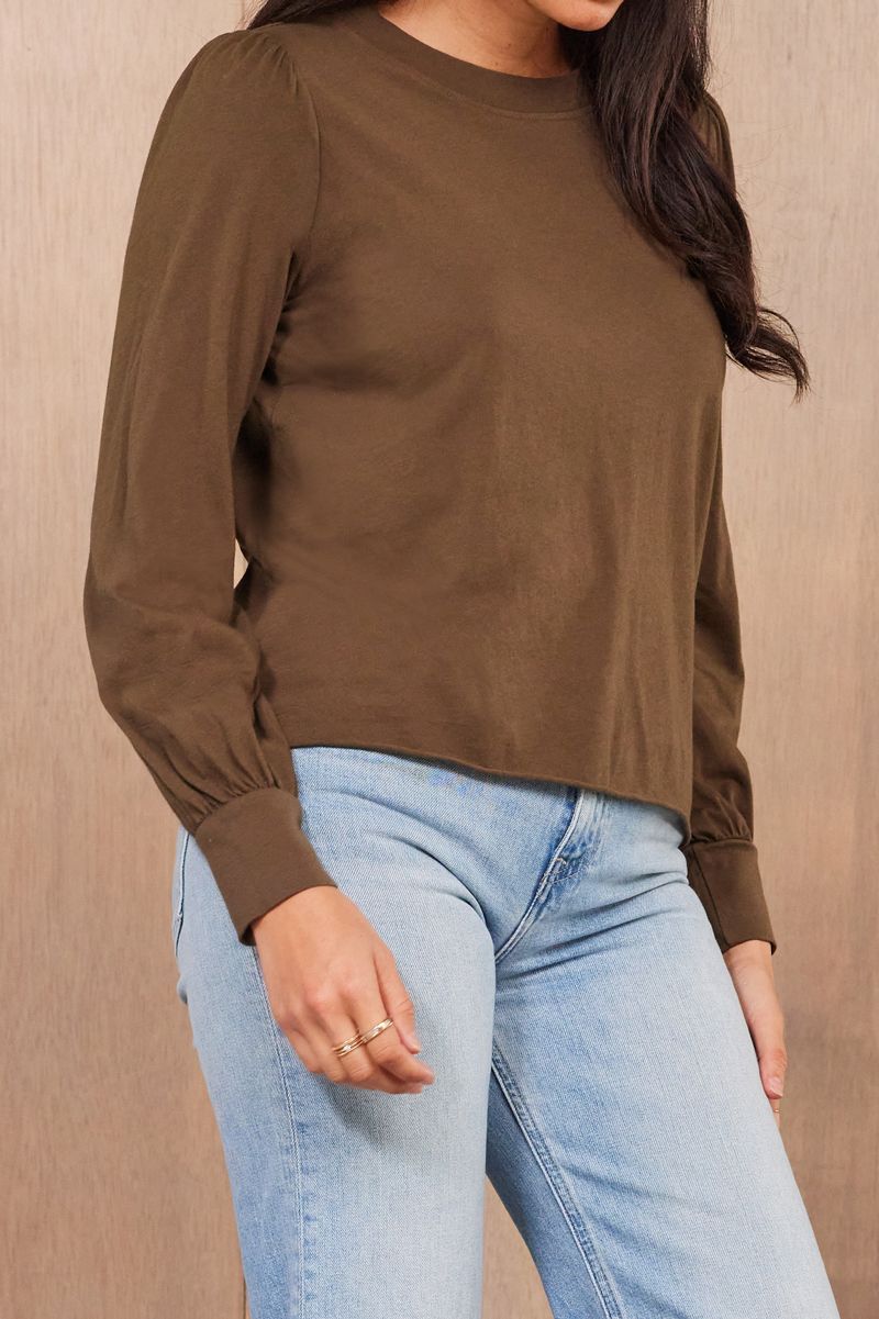 close up of slight puff sleeve with ribbed wrist in dark green