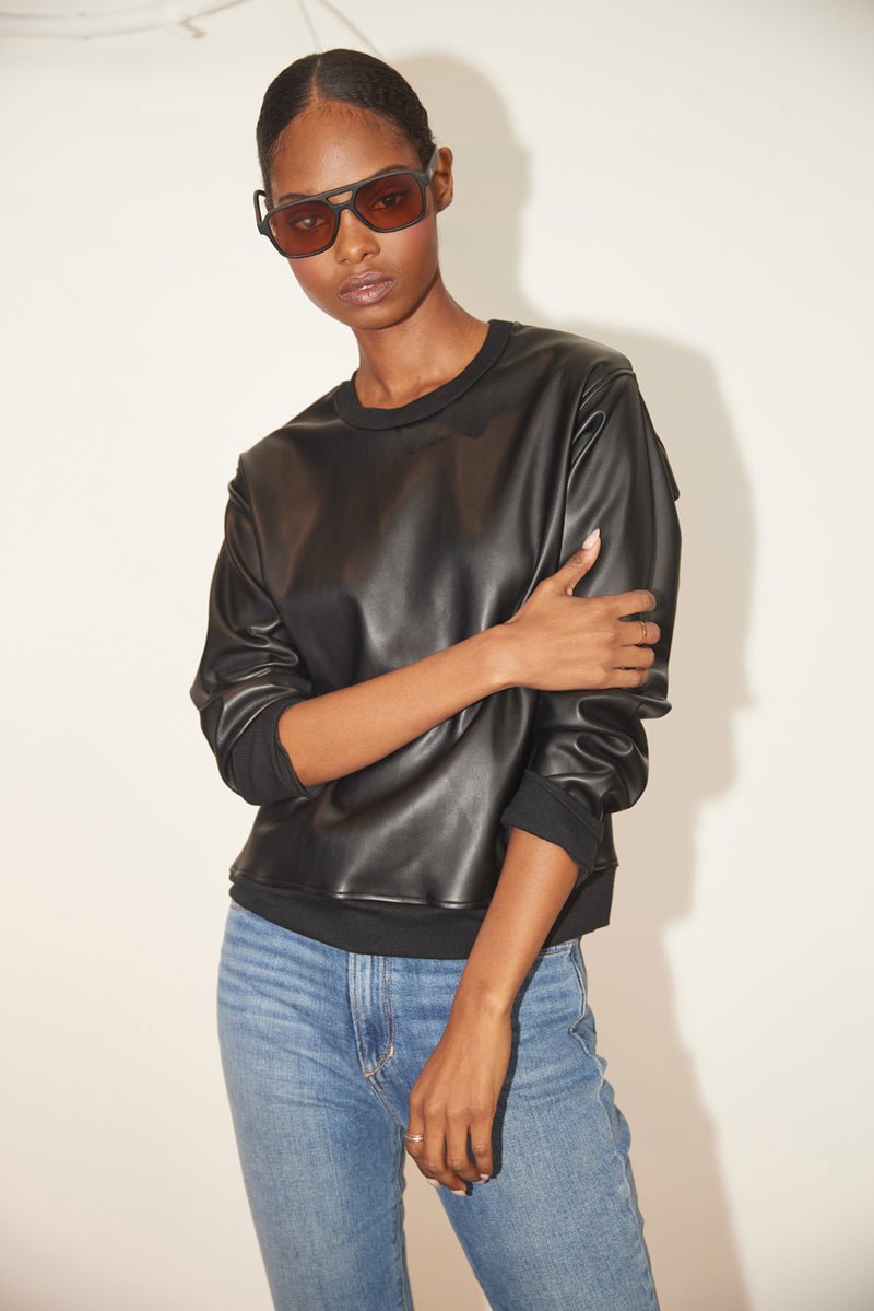 VARSITY VINTAGE FIT VEGAN LEATHER SWEATSHIRT - FINAL SALE