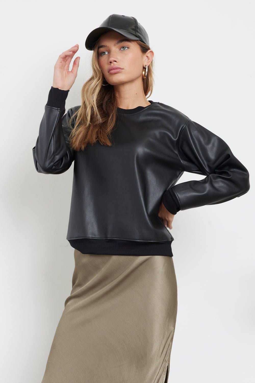 VARSITY VINTAGE FIT VEGAN LEATHER SWEATSHIRT - FINAL SALE