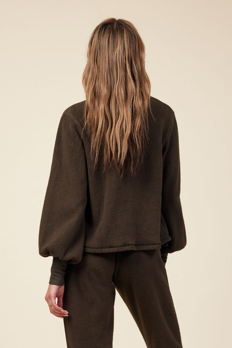 back of long sleeve sherpa cardigan