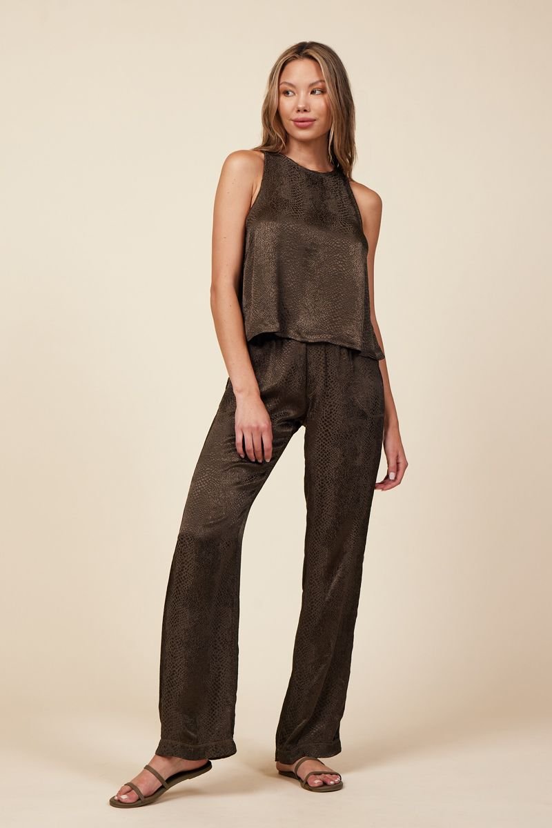 dark green snake print jacquard set with silk tank and wide leg pant