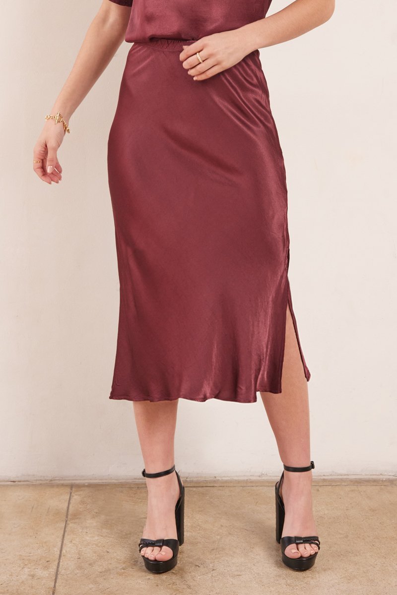 dark red silky midi skirt