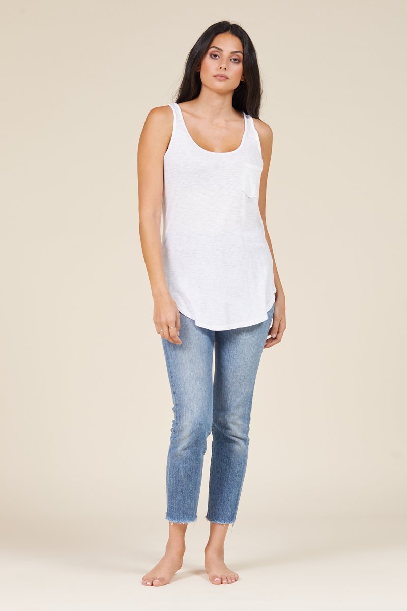 full body image of long scoop neck white tank