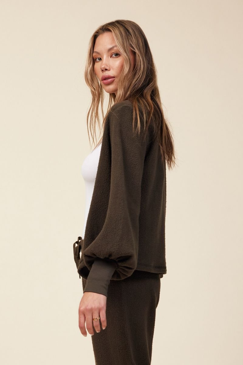 dark green sherpa cardigan with puff sleeves