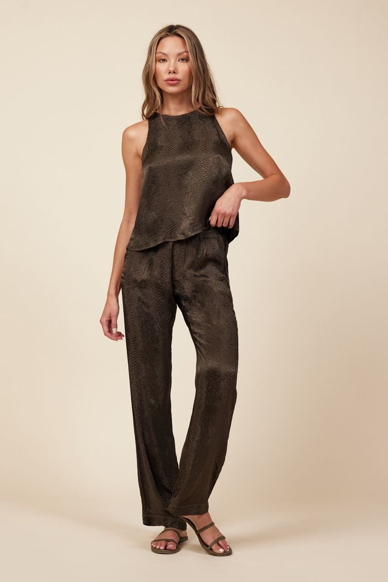 silk pant and tank top set in dark green snake print jacquard