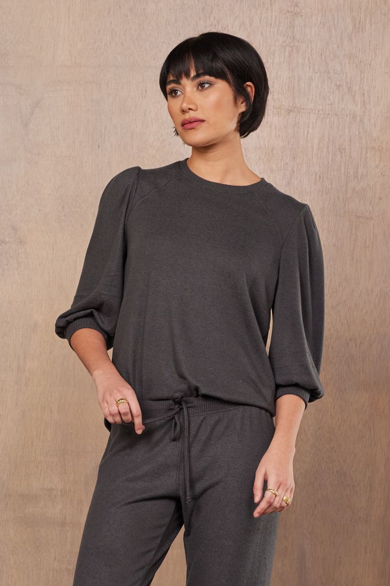 half length puff sleeve blouse in dark green