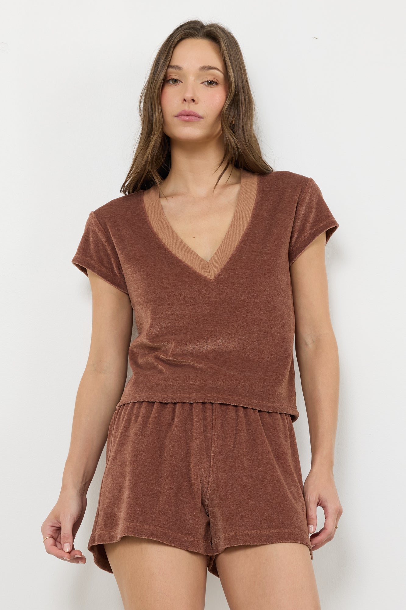 SURI DEEP “V” CAP SLEEVE VELOUR TEE