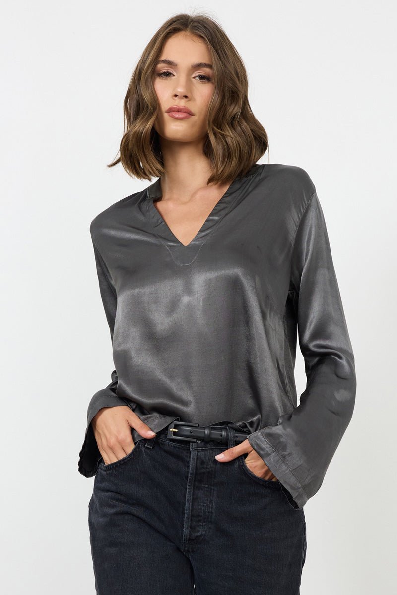 DAPHNE SILKY SPLIT NECK BELL SLEEVE TOP