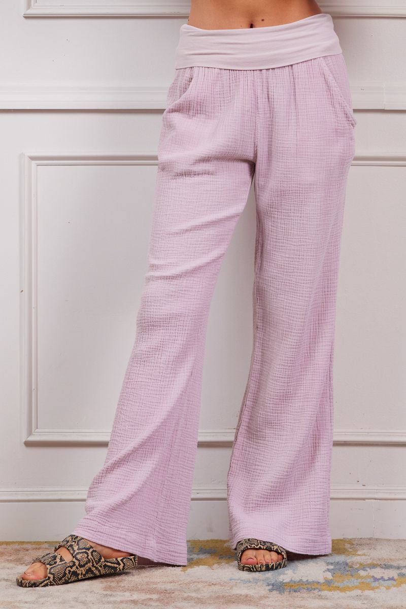 purple wide leg pant with fold waistband