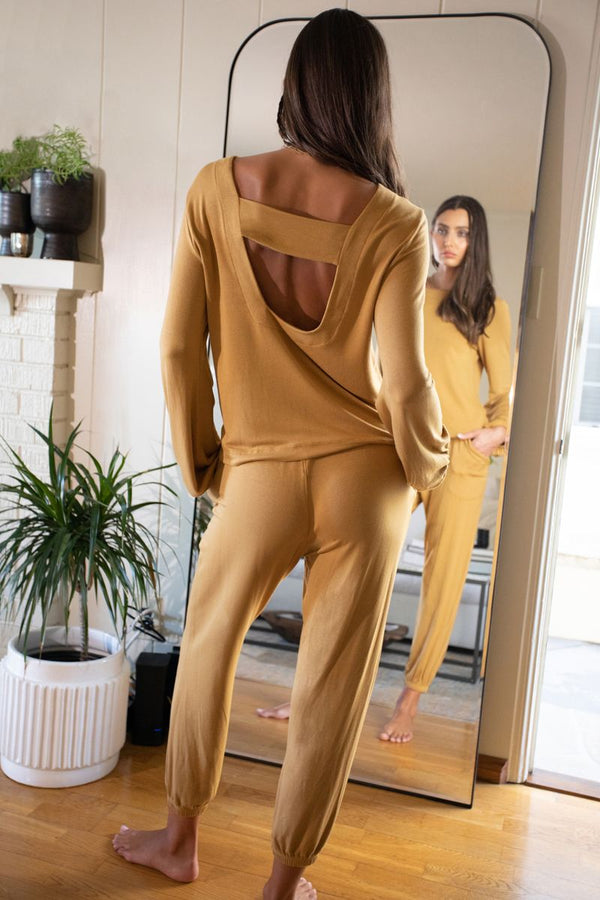 open back top and pant loungewear set in camel
