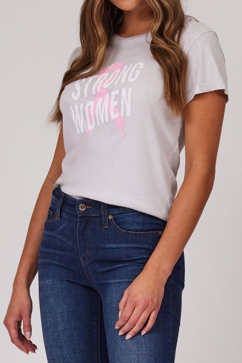 close up of light gray breast cancer awareness tee shirt with white font and pink ribbon
