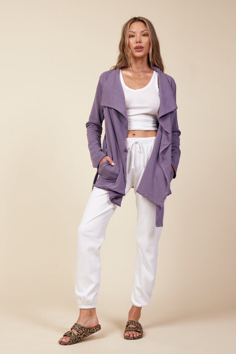 purple terry jacket wrap with front pockets