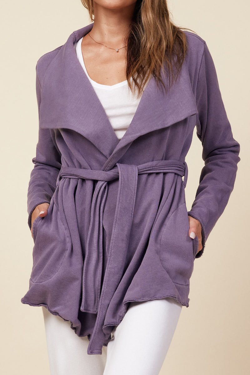 purple cozy cardigan with front flap and drawstring waist