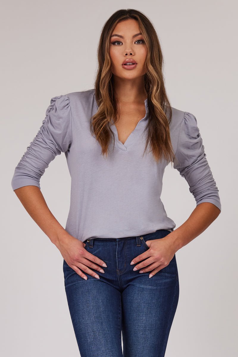 light blue sustainable shirred detail blouse