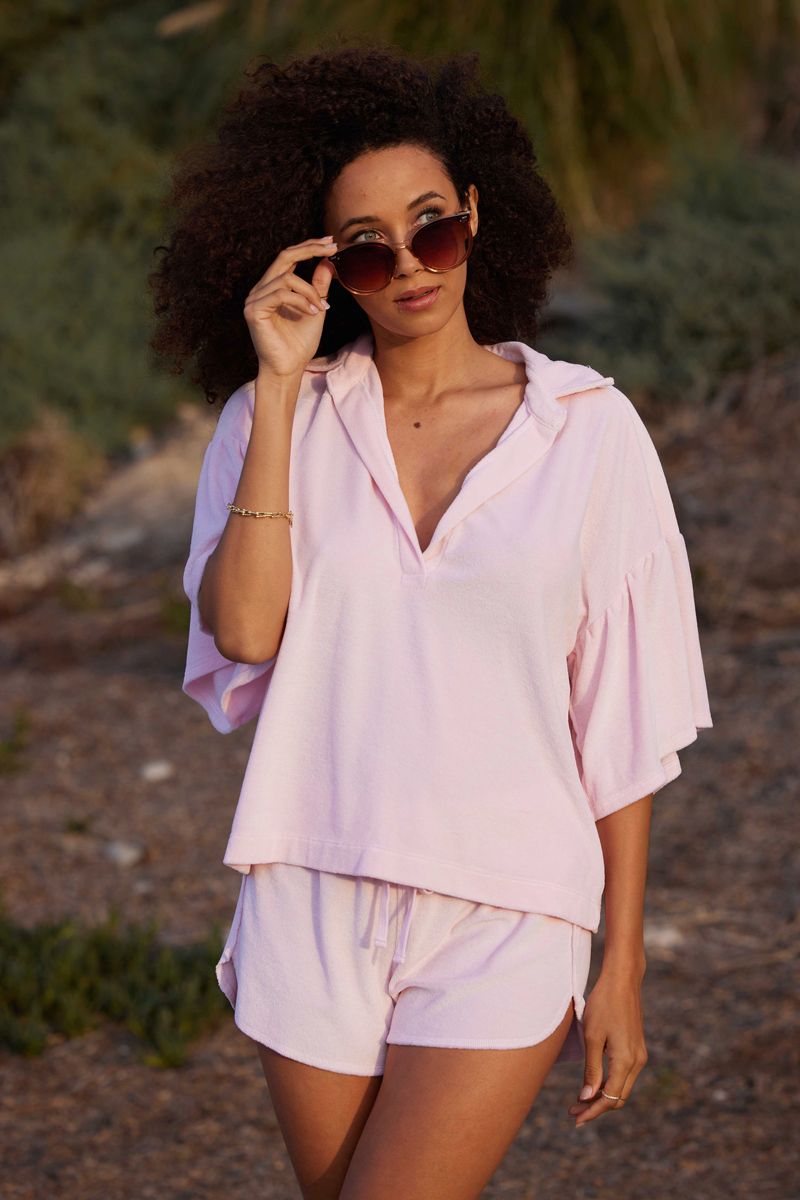 light pink v-neck with flowy sleeves