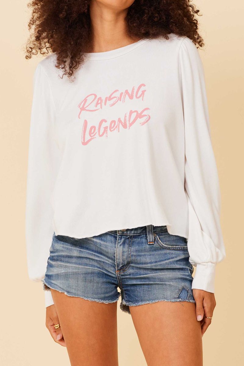 puff sleeve sweatshirt with pink raising legends text