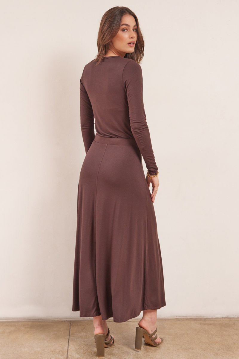 back of long sleeve and skirt set in brown