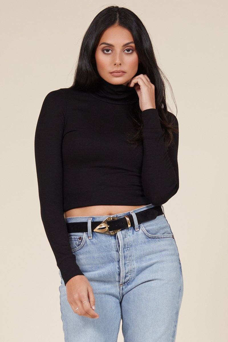 black cropped turtleneck in ribbed fabric
