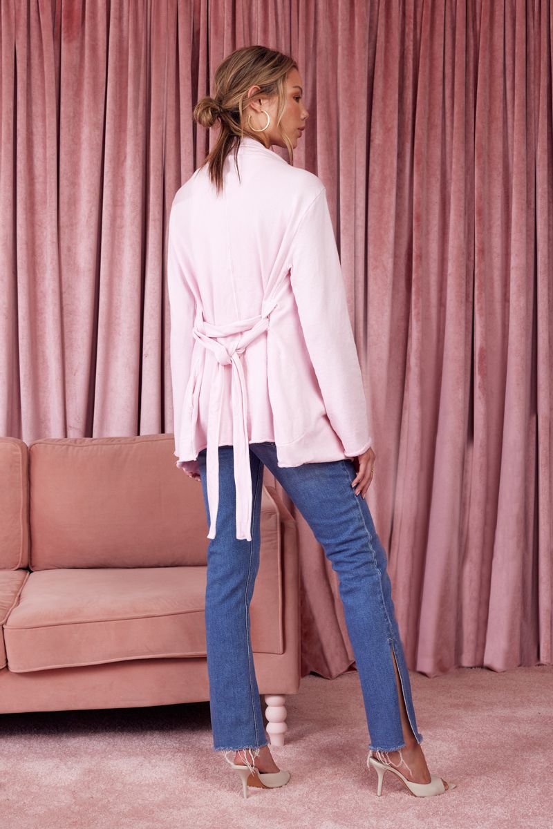 drawstring waist casual cardigan in light pink