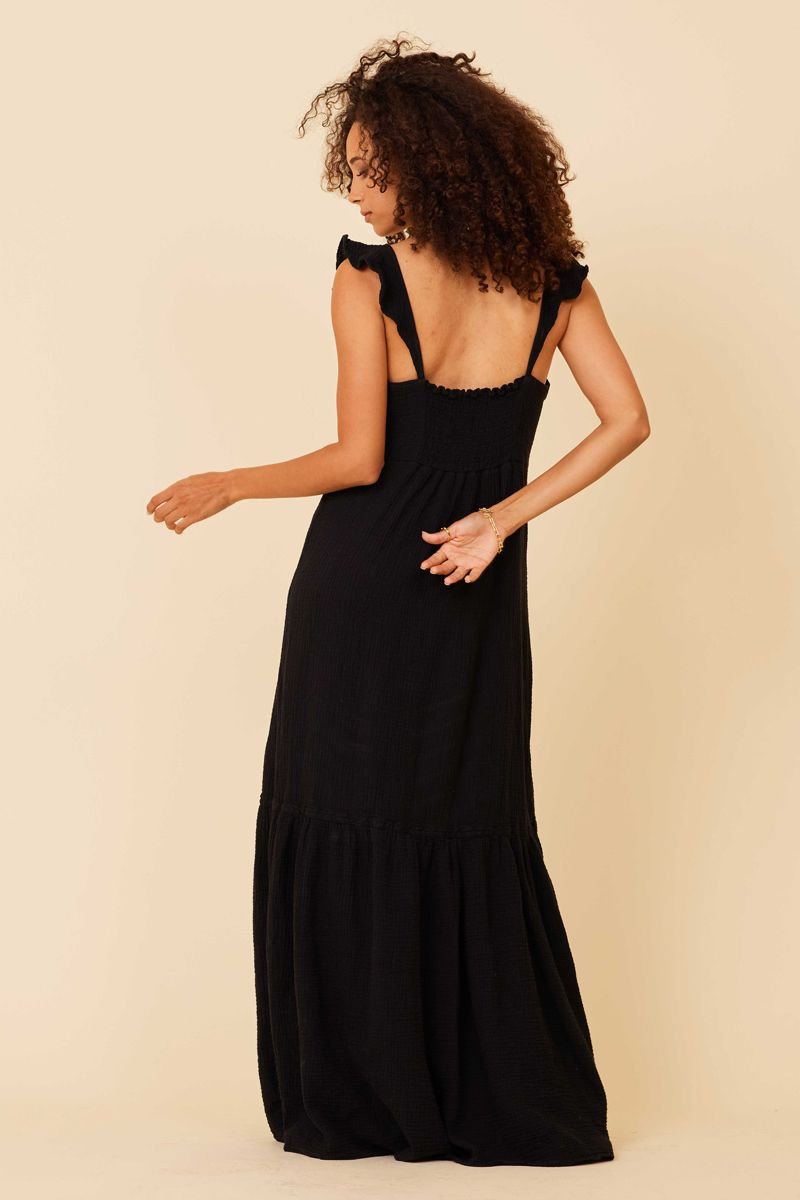 black long casual dress with smocked back